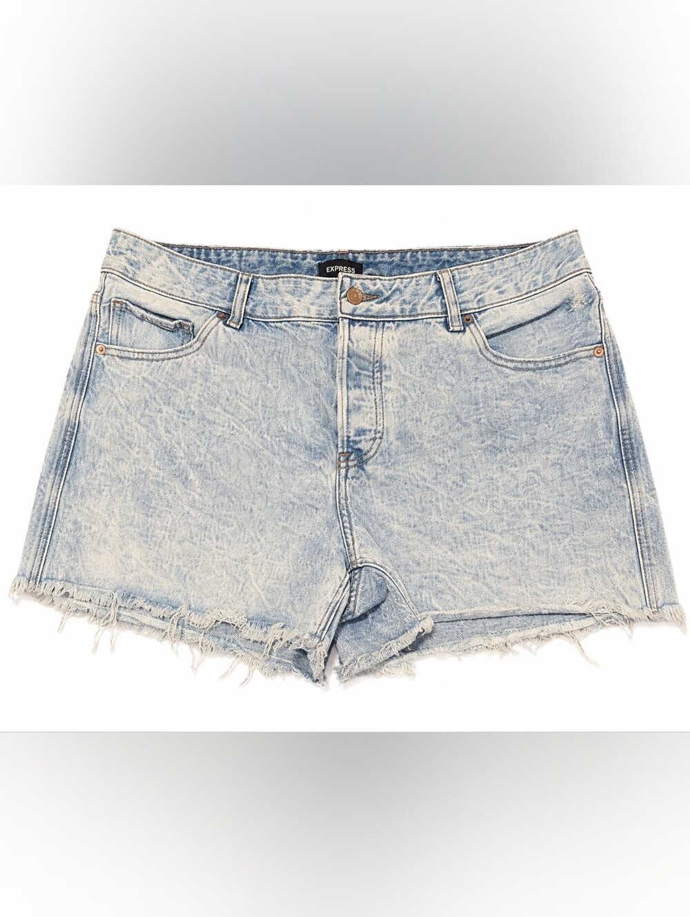 Express High Rise Acid Wash Denim Shorts Size 12 Distressed Frayed Hem Festival